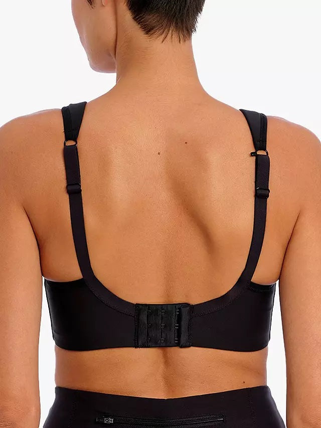 active woman wearing Freya High Octane Underwire sports bra showing back view H straps